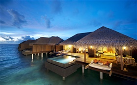 Отель, Мальдивские о-ва, Индийский океан, ночь, огни