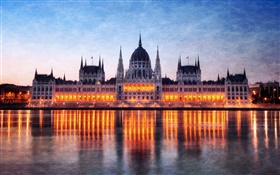 Венгрия, Будапешт, здание Парламента, ночь, огни, река Дунай, отражение