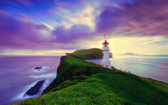 Исландия, Фарерские острова, маяк, побережье, сумерки, фиолетовый небо обои,s изображение