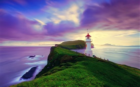 Исландия, Фарерские острова, маяк, побережье, сумерки, фиолетовый небо