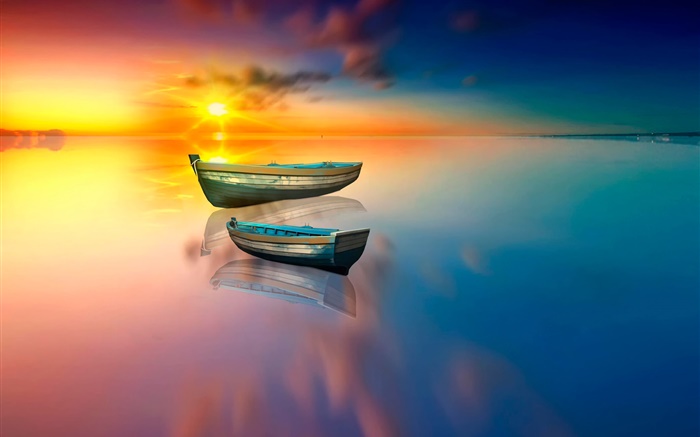 Озеро, лодка, вода отражение, закат обои,s изображение