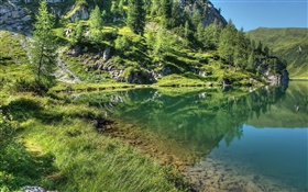 Озеро, горы, деревья, трава, вода отражение HD обои