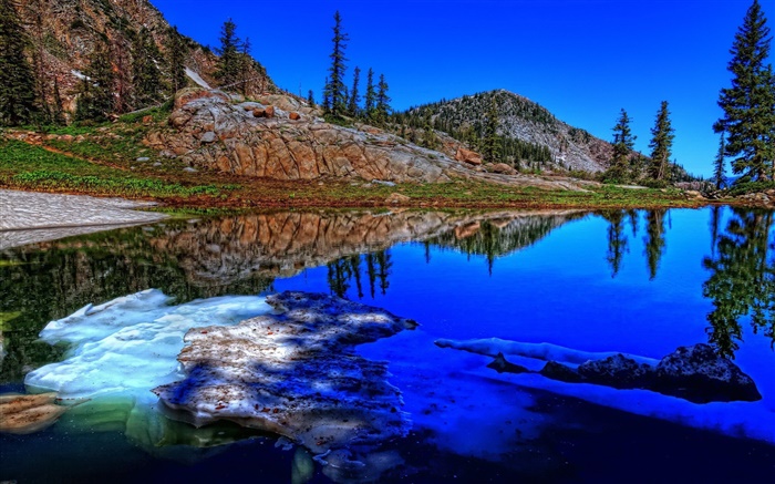 Озеро, деревья, горы, лед, вода отражение обои,s изображение