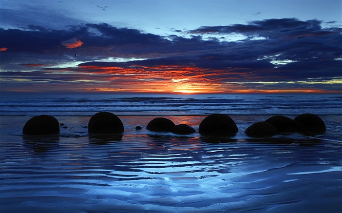 Моераки валуны, Koekohe Пляж, море, закат, Южный остров, Новая Зеландия обои,s изображение