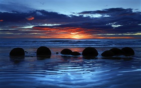 Моераки валуны, Koekohe Пляж, море, закат, Южный остров, Новая Зеландия HD обои