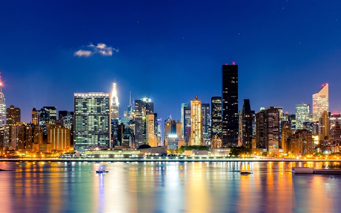 Нью-Йорк, Манхэттен, США, ночь, небоскребы, огни, море обои,s изображение