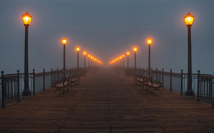Ночь, мост, причал, огни, туман обои,s изображение