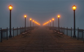 Ночь, мост, причал, огни, туман