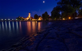Ночь, дома, фонари, Боденское озеро, Бавария, Германия