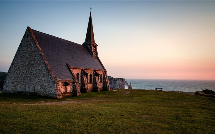 Нормандия, Франция, церковь, вечером, море обои,s изображение