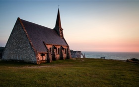 Нормандия, Франция, церковь, вечером, море HD обои