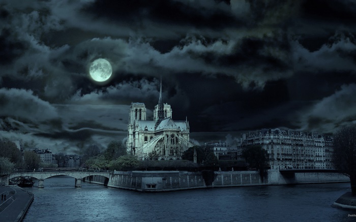 Нотр-Дам, Франция, ночь, река, луна обои,s изображение