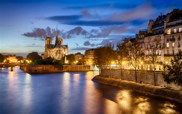 Нотр-Дам, Франция, река, деревья, дом, ночь, огни обои,s изображение