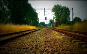 Железная дорога, деревья, линии электропередач, красный свет HD обои