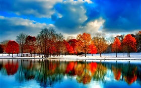Река, деревья, осень, облака, снег, голубое небо HD обои