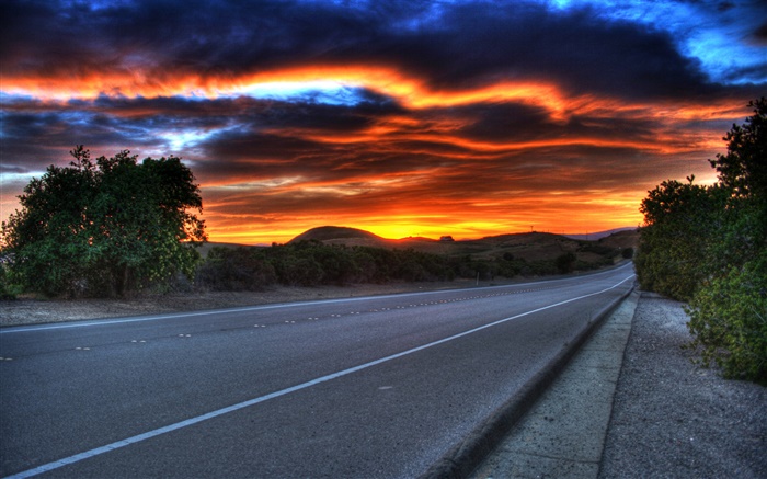 дорога, закат, облака, красное небо обои,s изображение