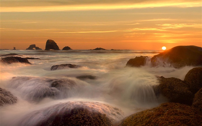 Море, побережье, камни, ручей, облака, восход обои,s изображение