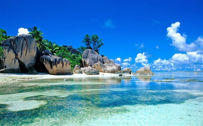 Сейшельские острова, красивые пейзажи, море, камни, облака, пляж обои,s изображение