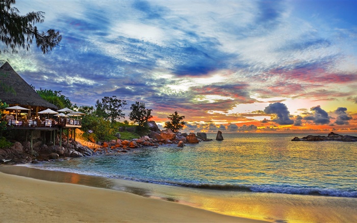 Сейшельские острова, курорт дом, ночь, огни, море, пляж обои,s изображение