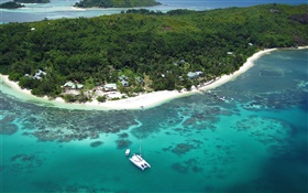Сейшельские острова, вид сверху, лодки, море HD обои