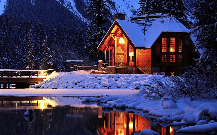 Снег, ночью, домик, Изумрудное озеро, Национальный парк Йохо, Канада обои,s изображение