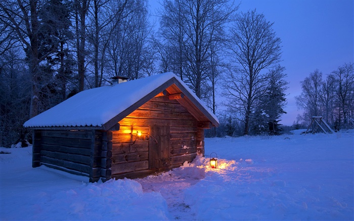 Снег, деревянный дом, голые деревья, зима, ночь, Швеция обои,s изображение