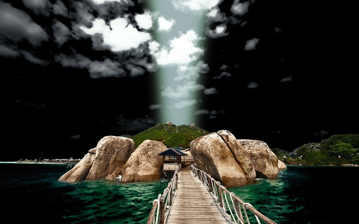 Камни, дом, море, мост, пейзаж HDR обои,s изображение