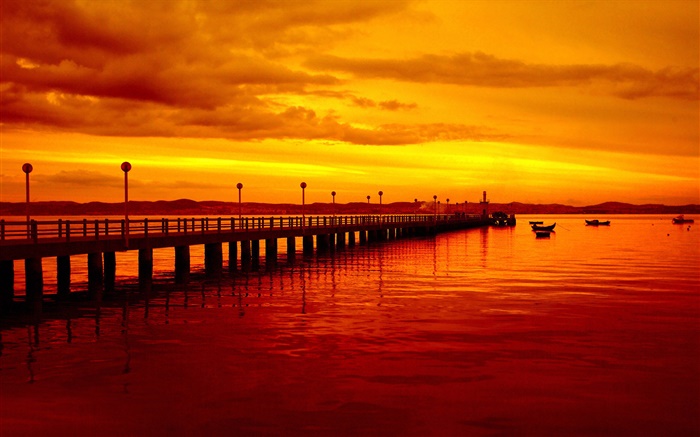 Закат, мол, красный стиль, лодки, река обои,s изображение