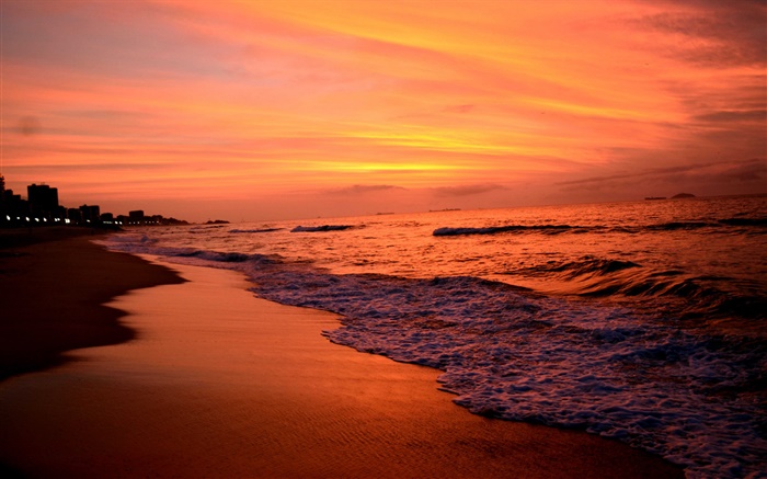 Закат, море, закат, волны, красное небо обои,s изображение