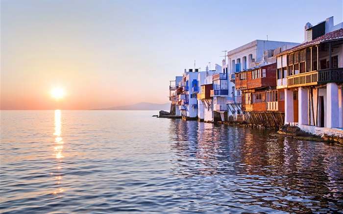 Закат, море, дом, Маленькая Венеция, Миконос, Греция обои,s изображение