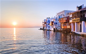 Закат, море, дом, Маленькая Венеция, Миконос, Греция