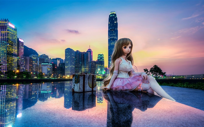 Игрушка, кукла, красивая девушка, город, здания, Гонконг обои,s изображение