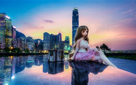 Игрушка, кукла, красивая девушка, город, здания, Гонконг HD обои