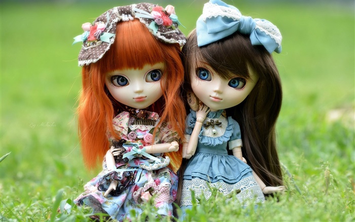 Два игрушка девочки, красный и черный волосы, кукла обои,s изображение