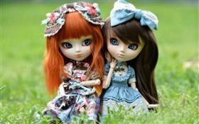 Два игрушка девочки, красный и черный волосы, кукла