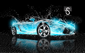 Всплеск воды автомобиль, синий Lamborghini, креативный дизайн HD обои