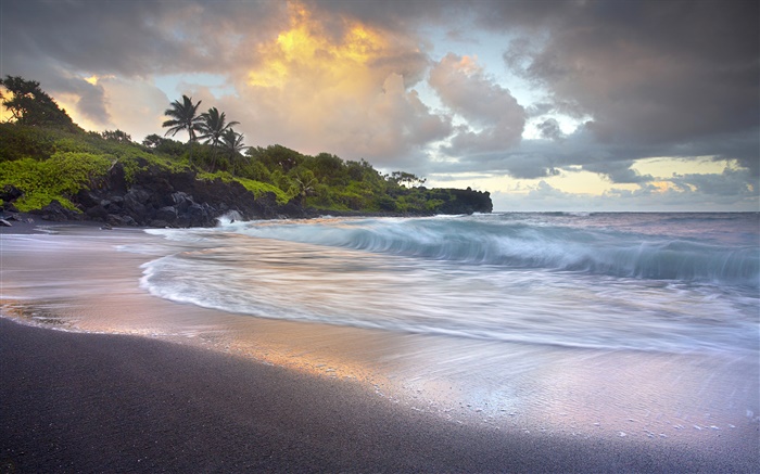 Волны сбой, черный песчаный пляж, Гавайи обои,s изображение