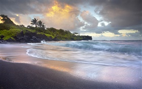 Волны сбой, черный песчаный пляж, Гавайи HD обои