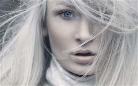 Белые волосы, голубые глаза, девушка лицо крупным планом HD обои