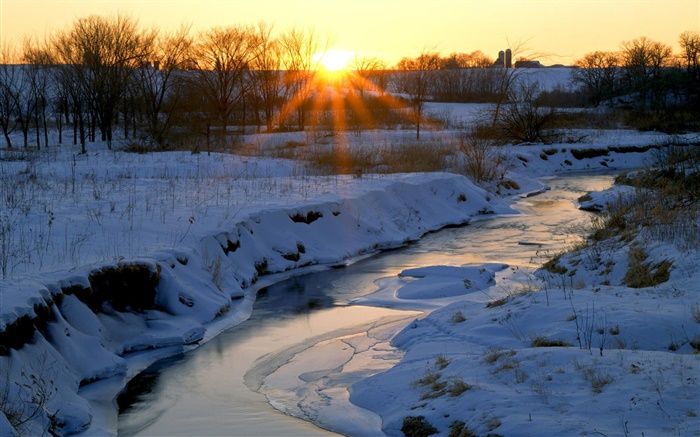 Зима, река, снег, деревья, рассвет, восход солнца обои,s изображение