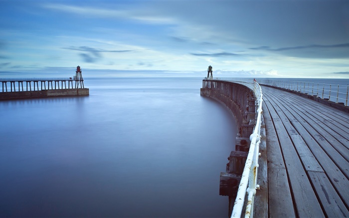 Деревянный мост, причал, маяк, море, рассвет обои,s изображение