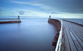 Деревянный мост, причал, маяк, море, рассвет HD обои