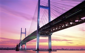 Yokohama мост, Япония, сумерки, море HD обои