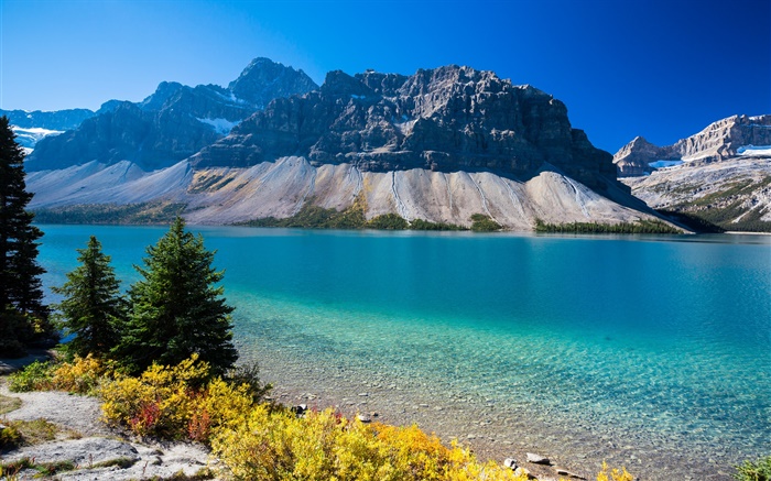 Лук озеро, Альберта, Канада, горы, деревья, голубое небо обои,s изображение