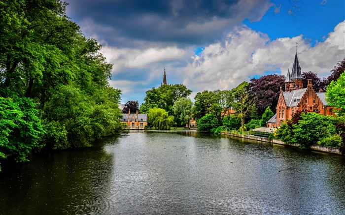 Брюгге, Бельгия Minnewater, парк, река, здания, деревья, облака обои,s изображение