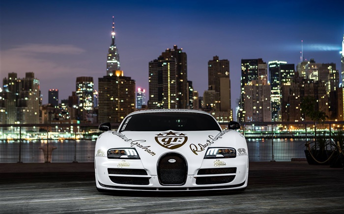Bugatti Veyron белый суперкар, вид спереди, ночь обои,s изображение