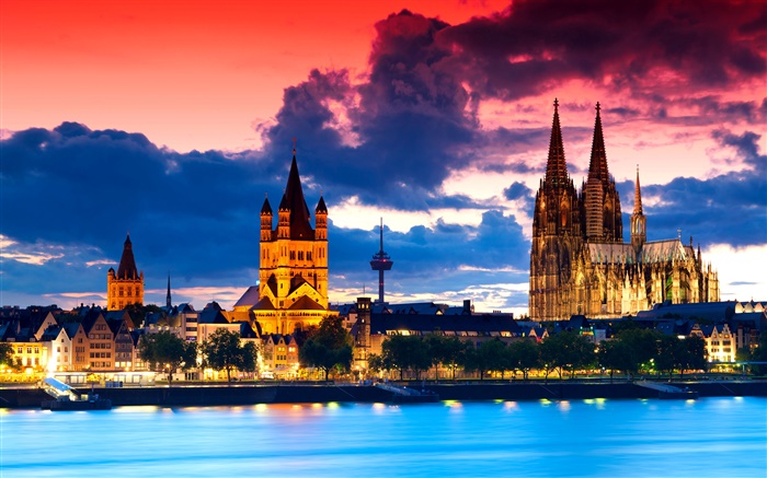 Кельн, Германия, кафедральный собор, город, ночь, река, облака обои,s изображение