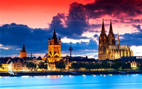 Кельн, Германия, кафедральный собор, город, ночь, река, облака