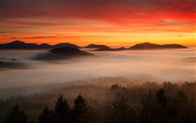 Рассвет, горы, лес, облака, красное небо, туман HD обои