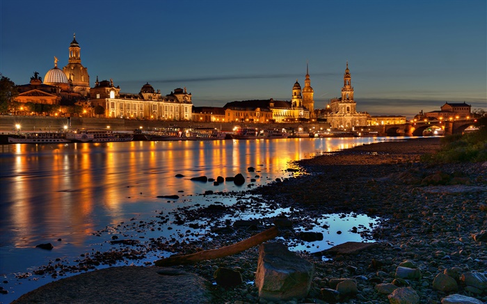 Дрезден, Германия, город, дома, здания, река, ночь, огни обои,s изображение